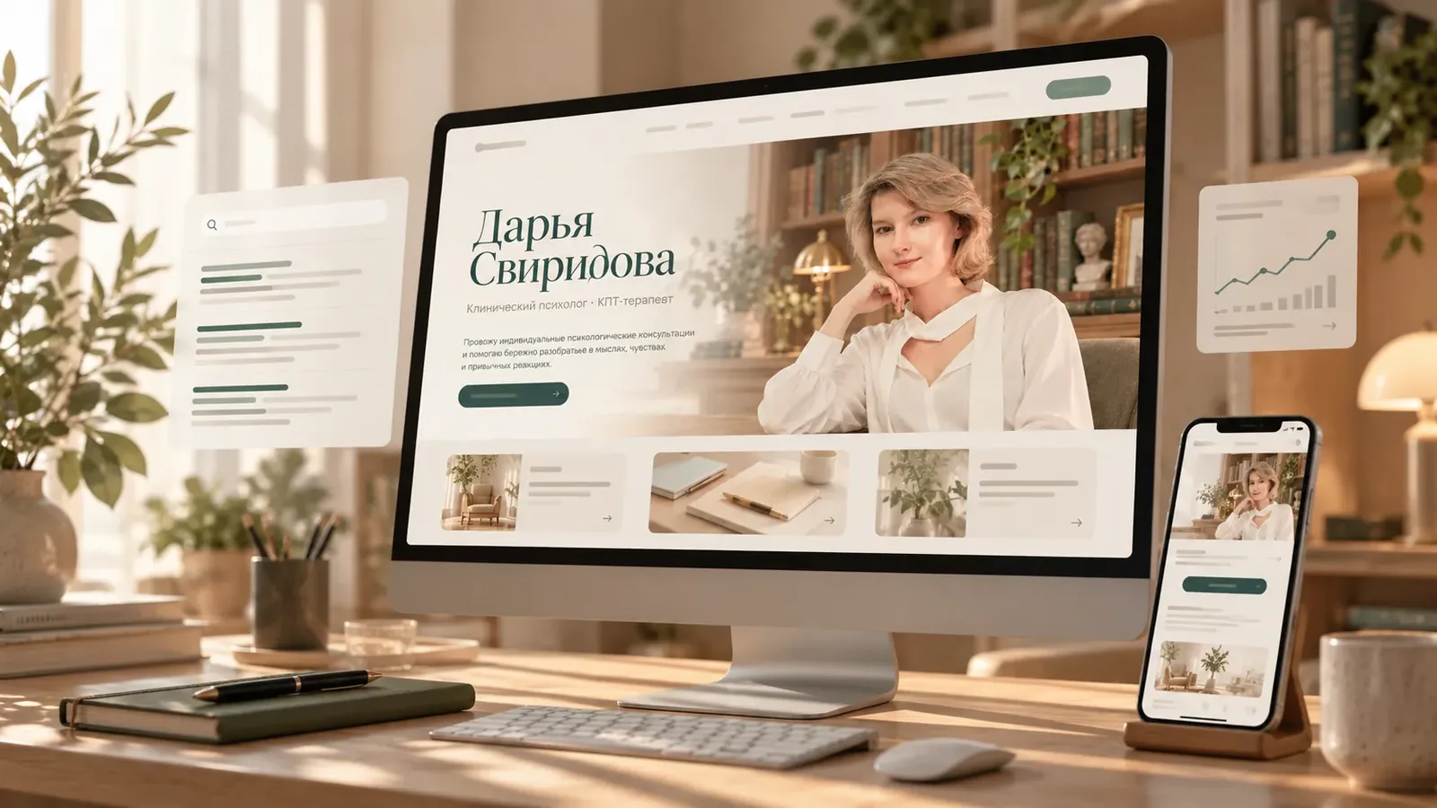 Современный сайт психолога на экране монитора — кейс разработки и SEO-продвижения