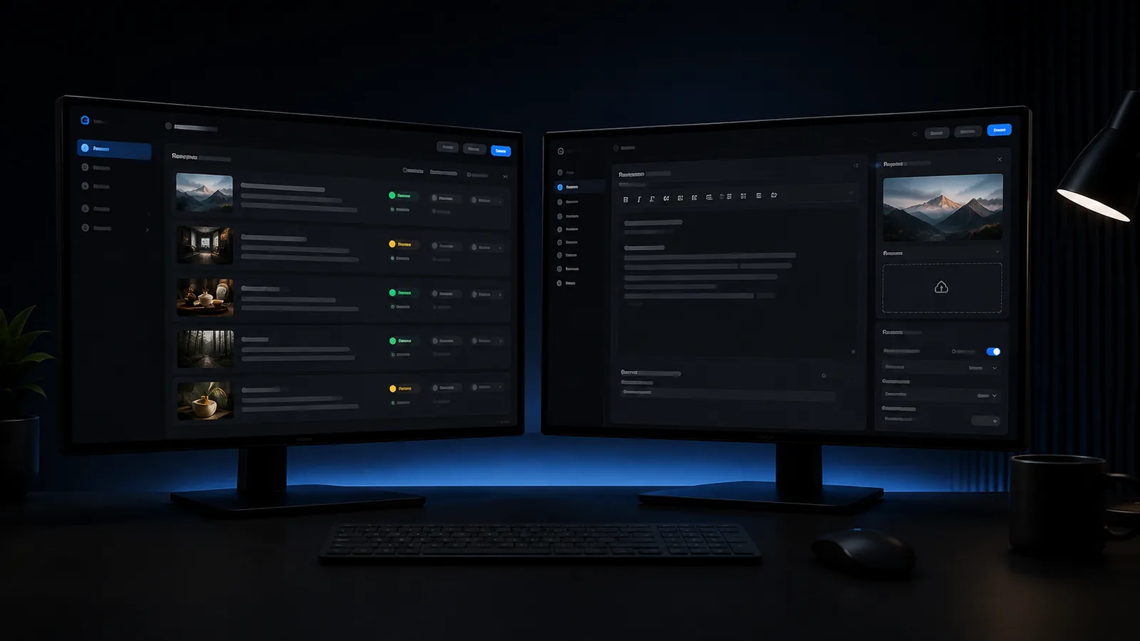 Тёмная CMS-админка со списком материалов и Markdown-редактором для создания статей и товаров через ChatGPT